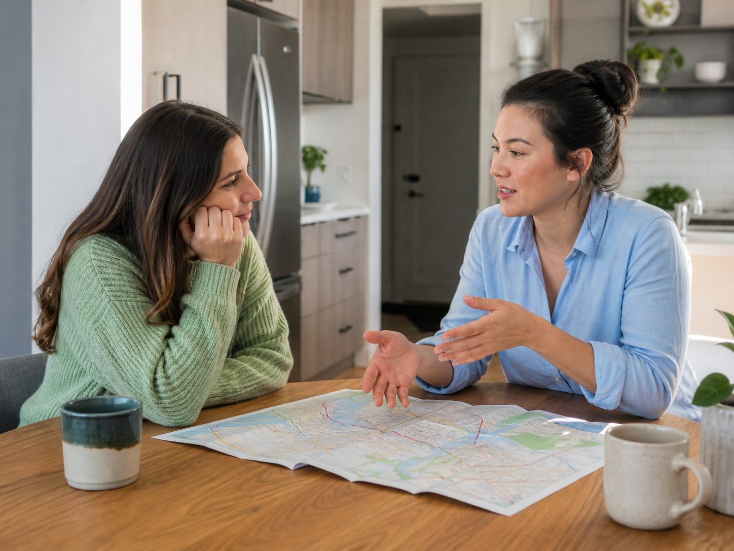 Two friends discussing practical advice at a kitchen table