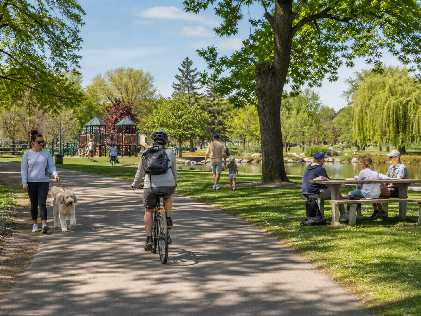 A busy community park with people, a cyclist, and a pond