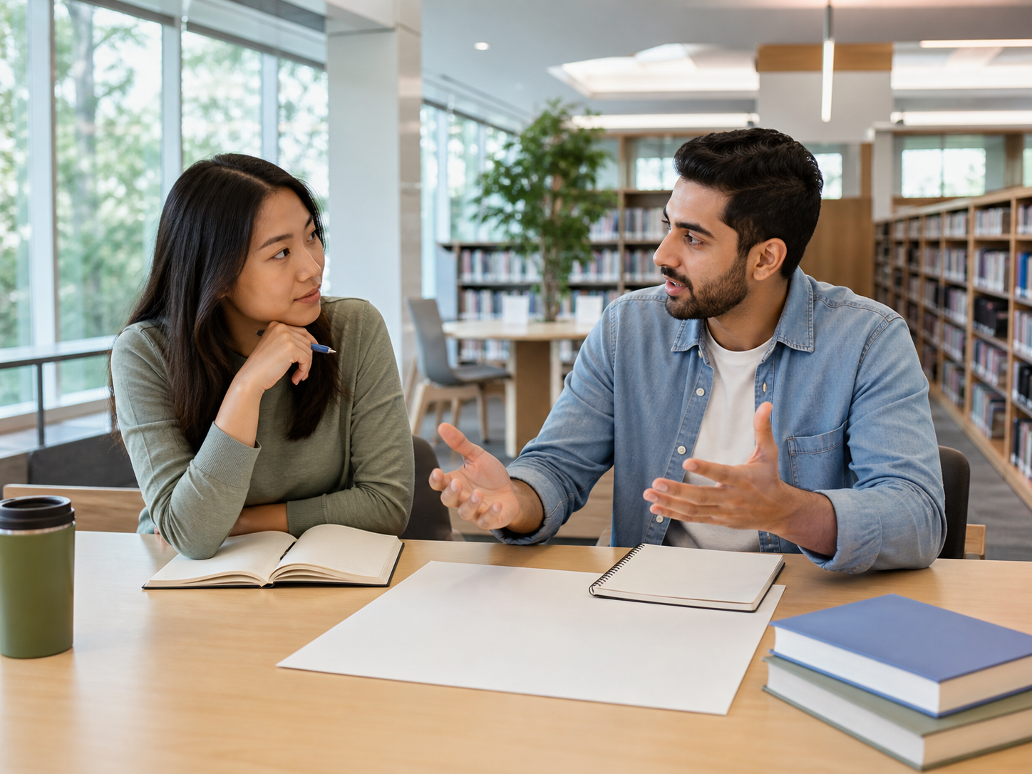 Two students discussing an opinion in a library