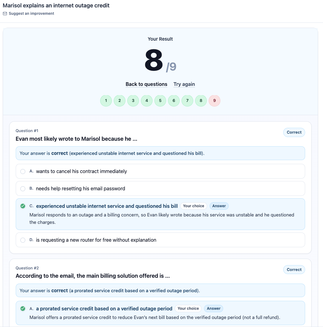 Reading results and evidence screen