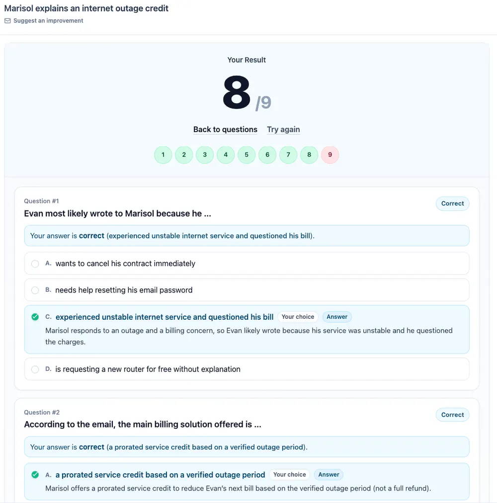 CELPIP reading explanations screen showing answer review