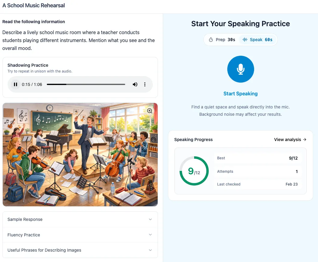 CELPIP speaking mock test screen with timer and picture task