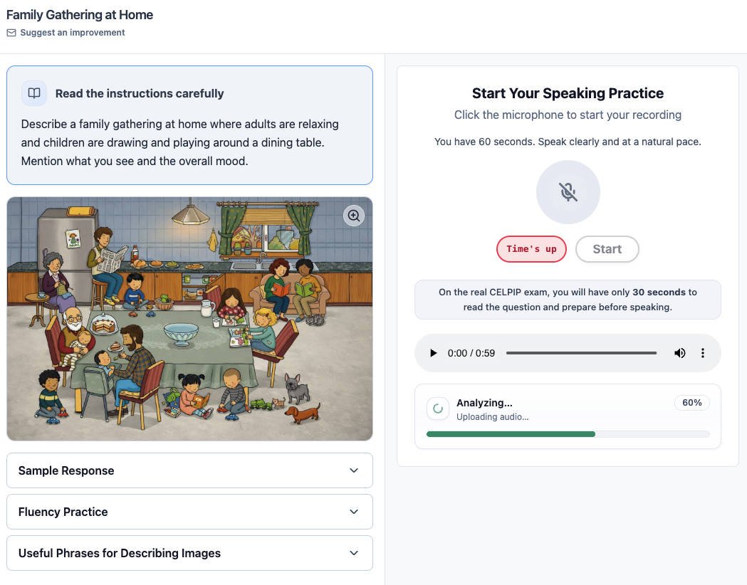 Speaking practice with timer and analysis screen