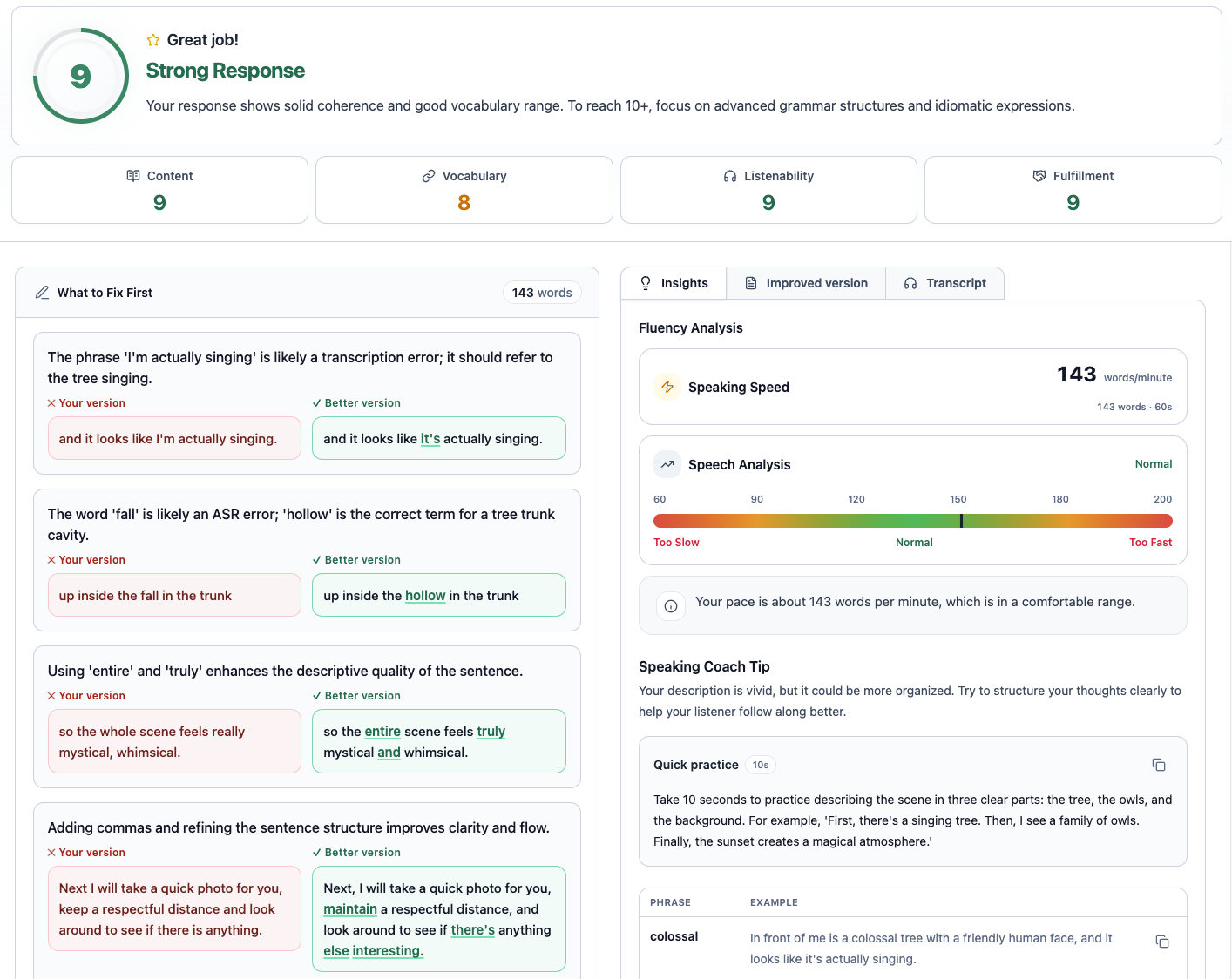 Speaking report screen