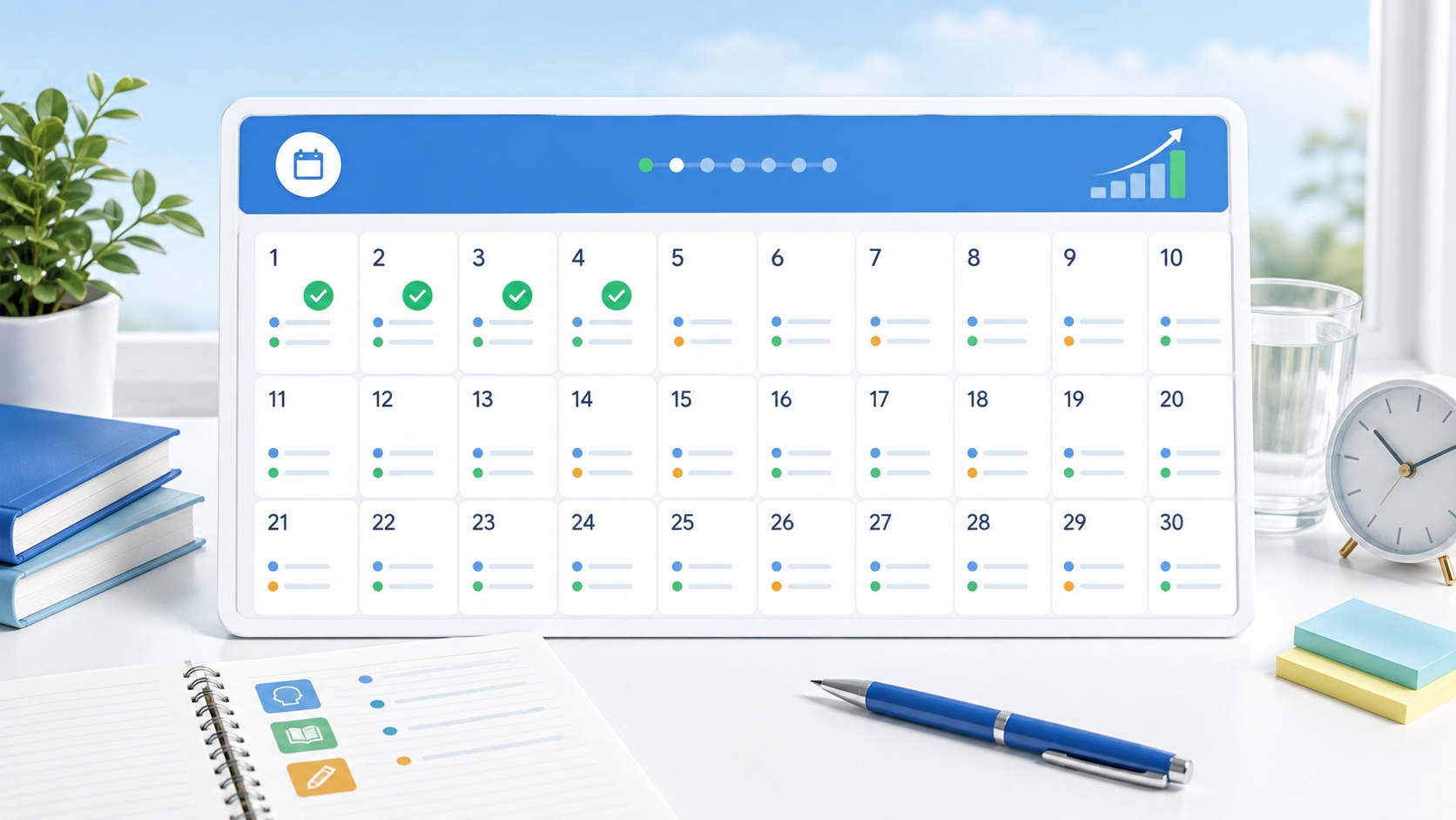 30-day CELPIP study plan calendar with daily practice checkmarks
