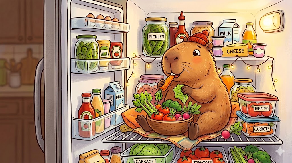 CELPIP Speaking Task 8: A Capybara Eating Vegetables in the Fridge