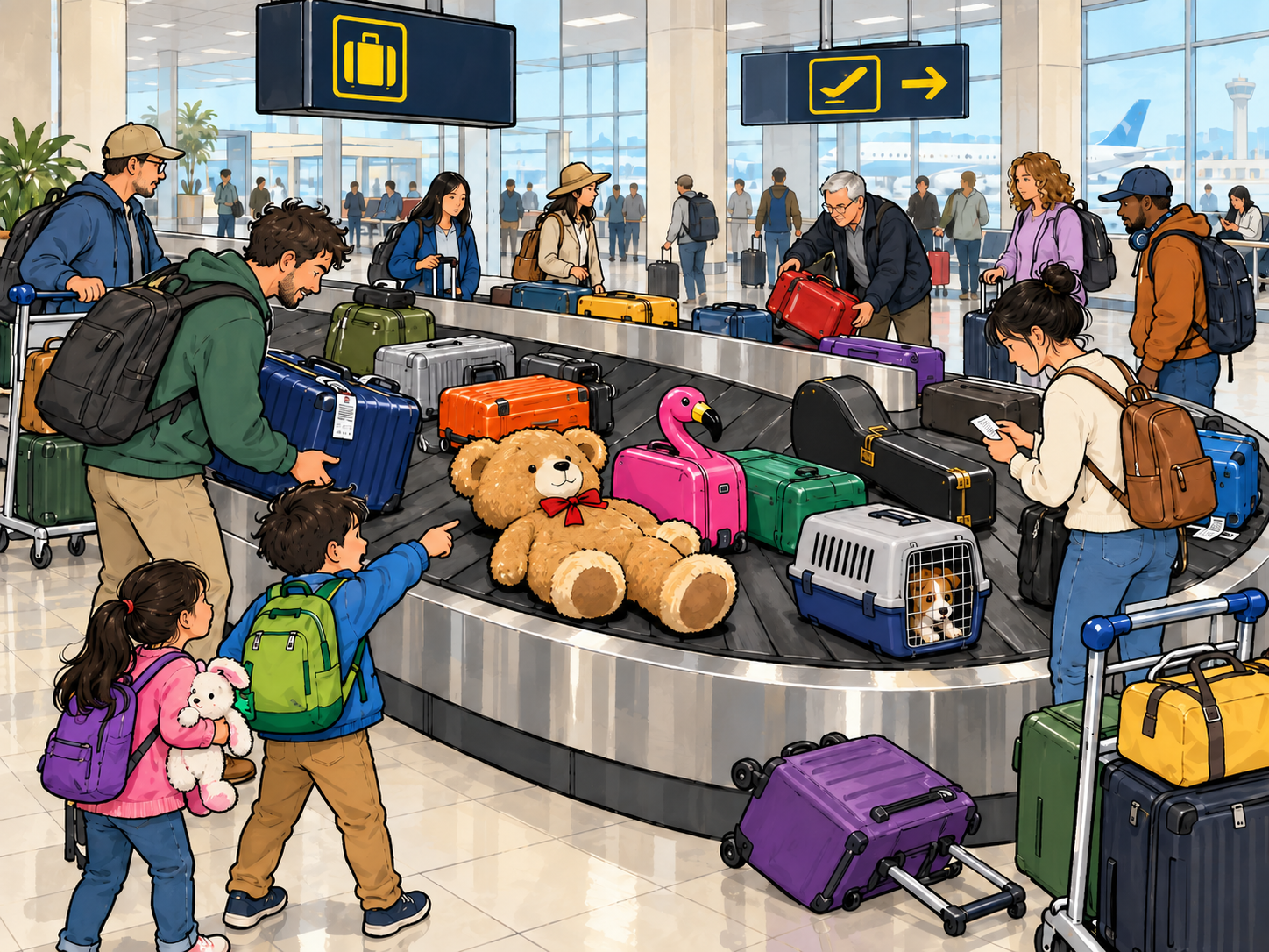 Travellers collecting unusual luggage from an airport baggage carousel