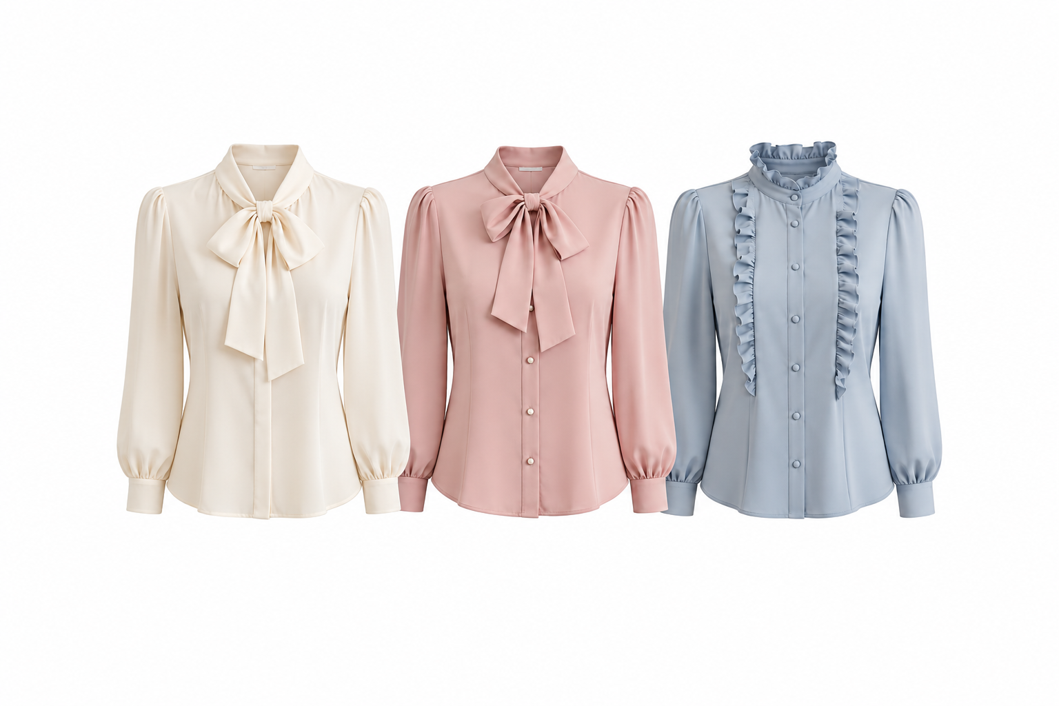 Three elegant blouses in cream, pink, and pale blue for CELPIP speaking practice